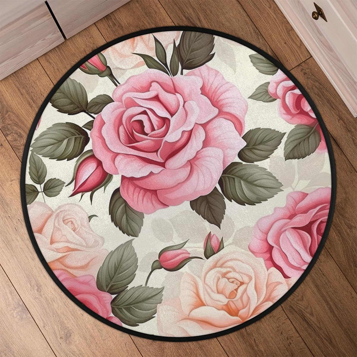 Pink Rose Round Area Rug 5Ft Spring Flower Non-Slip Circle Rugs Soft Washable Carpet Floor Mat for Bedroom Living Room Indoor Outdoor Nursery