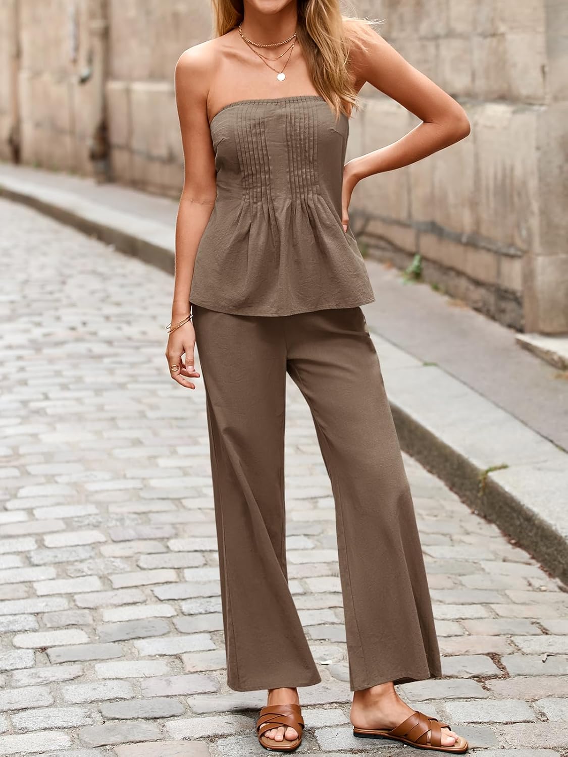 Tankaneo Womens 2 Piece Outfits Summer Strapless Tube Tops Wide Leg Pants Cotton Vacation Pleated Matching Lounge Set - Image 4