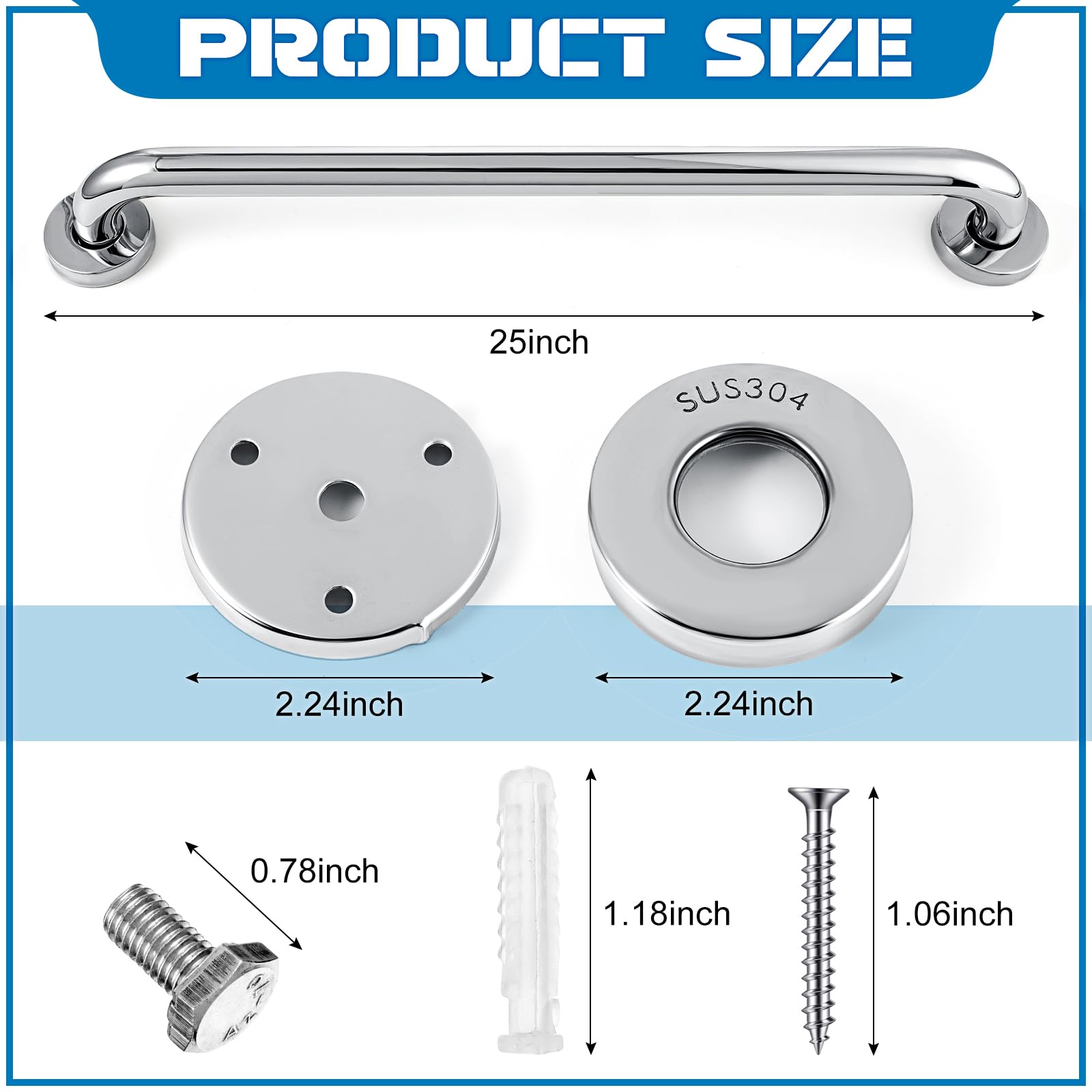 Blulu Juego de 2 barras de agarre de ducha de acero inoxidable para baño, antideslizantes, resistentes, para baño, ancianos, discapacitados, embarazadas mayores (25 pulgadas)
