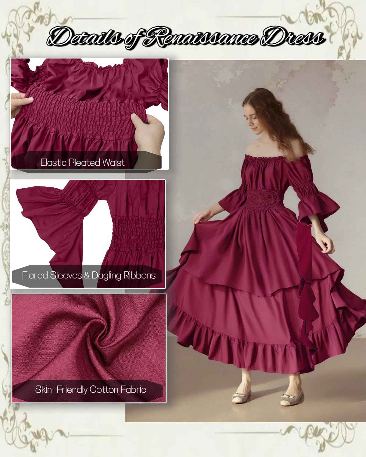 kasahara Renaissance Medieval Costume Dress for Women Woodland Costume Fairy Dress Renaissance Faire Outfit for Women 4pcs - Image 4