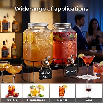 DD&HAPP 2 Gallon Glass Drinks For Parties With Stand.Stainless Steel Spigots & Metal Stand,Large Capacity Beverage Dispenser for Party,Infused Water,Iced Tea,Lemonade,Outdoor,Commercial Use.