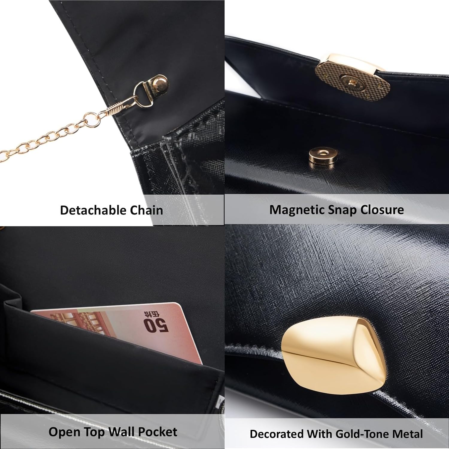 Women's Evening Handbag PU Leather Top Handle Clutch Purse with Gold Metal Clasp for Party Prom Wedding Cocktail - Image 6