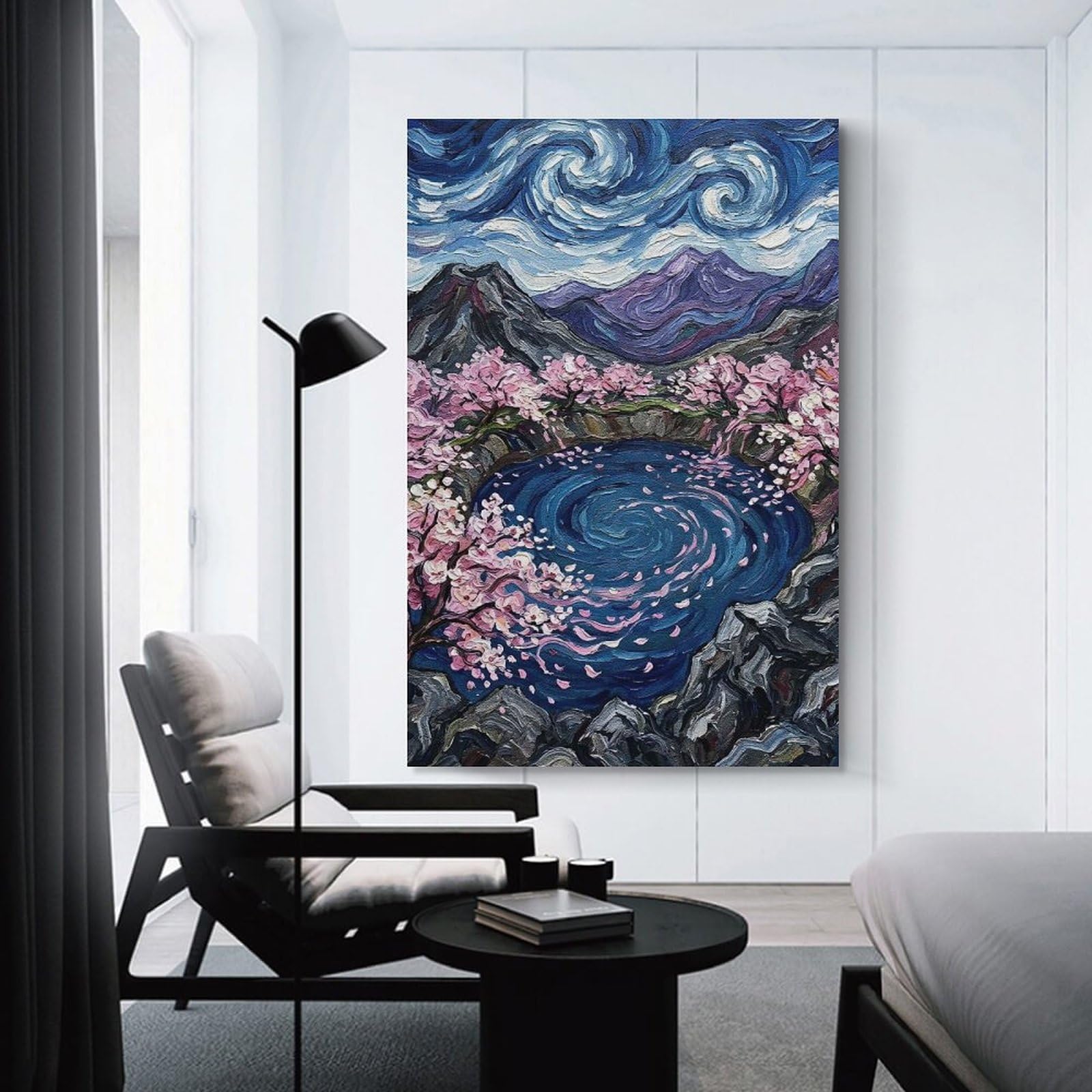 Junmoney Cherry Blossom Pond Impressionistic Painting Room Decor Wall Art, 20x30inch(50x75cm), for Office, Study Or Home Workspace, Decorative Artwork for Productive Spaces