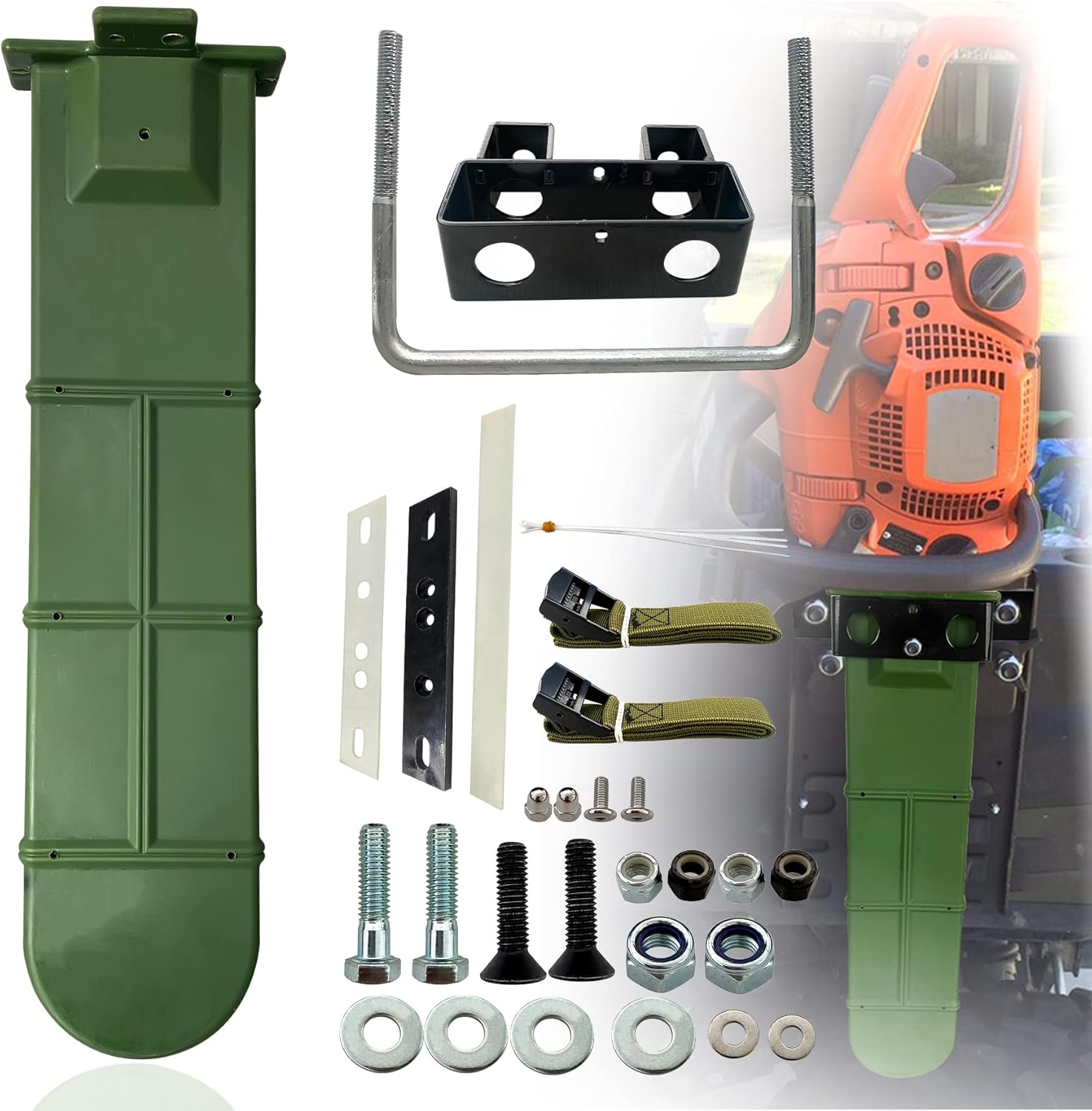 Universal Chainsaw Carrier with mounting kit for Tractors, ATVs, UTVs, Trucks, Utility Vehicles Chainsaw Holder kit, Green TPU Material incomplete and not