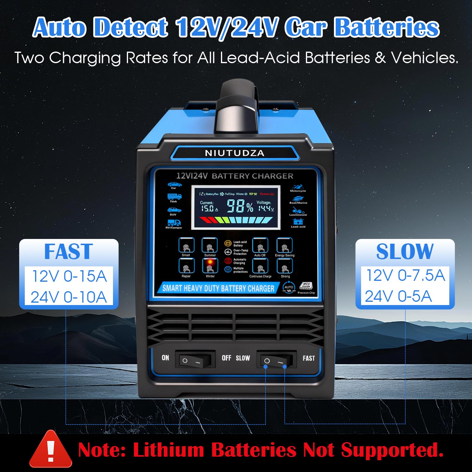 Caricabatterie per auto resistente, 12 V/24 V, 0-15 A, caricatore automatico per batteria, caricabatterie intelligente con spegnimento rapido e lento, spegnimento automatico, riparazione, modalità