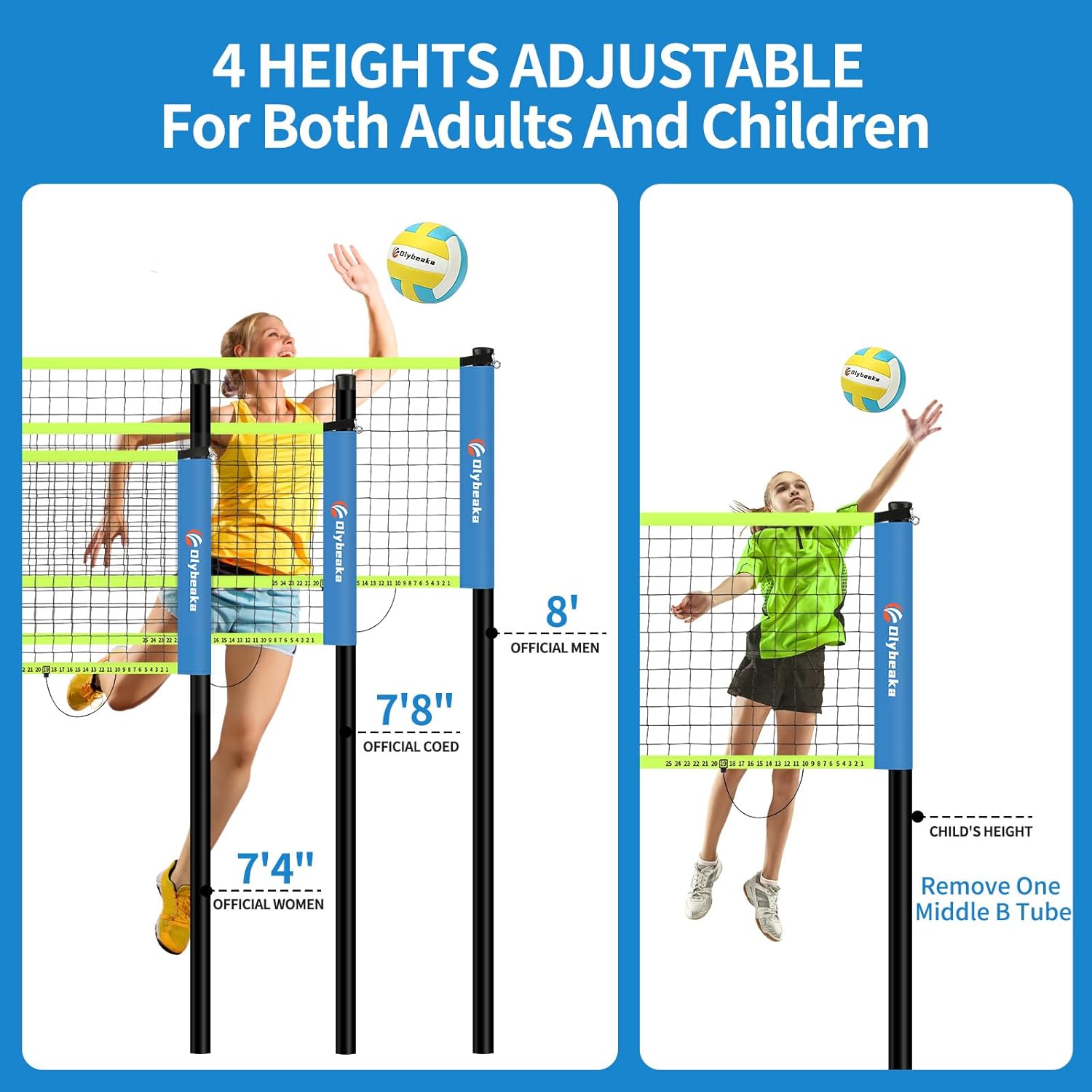 Portable Outdoor Volleyball Net Set for Backyard Beach with Adjustable Poles, Soft PU Volleyball & Pump, Carry Bag and Durable Anti-Sagging Net