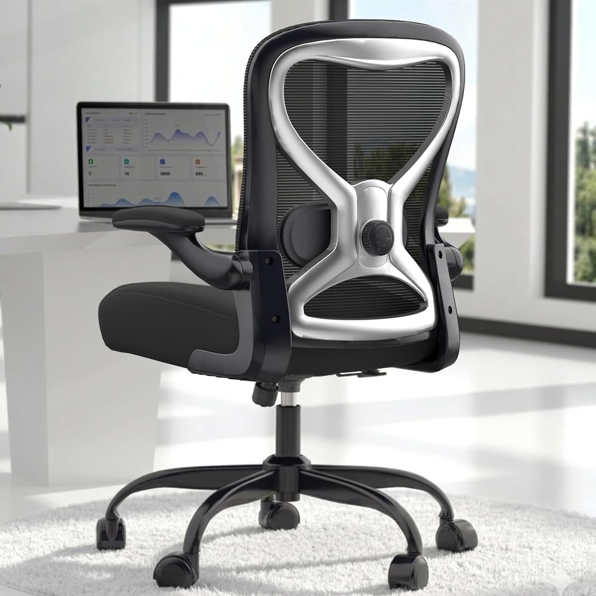 Office Desk Chair with Ergonomic Lumbar Support, Extra-Thick Seat Cushion, Flip-up Arms, Breathable Mesh Back, Computer Task Chair for Home Office