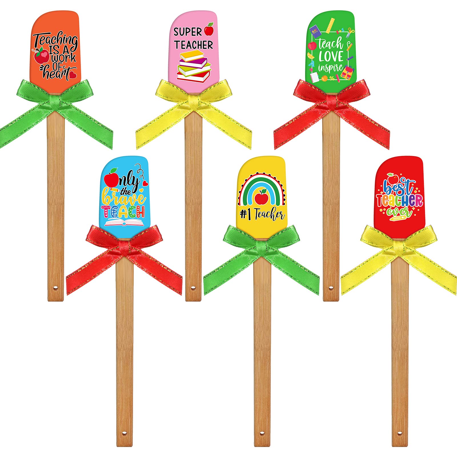 6 Sets Silicone Spatula Teacher Appreciation Gifts Funny Baking Tool with Colorful Ribbon Bows Teacher Appreciation Week Crafts Cute Spatula with Wooden Handle for Graduation Christmas Supplies
