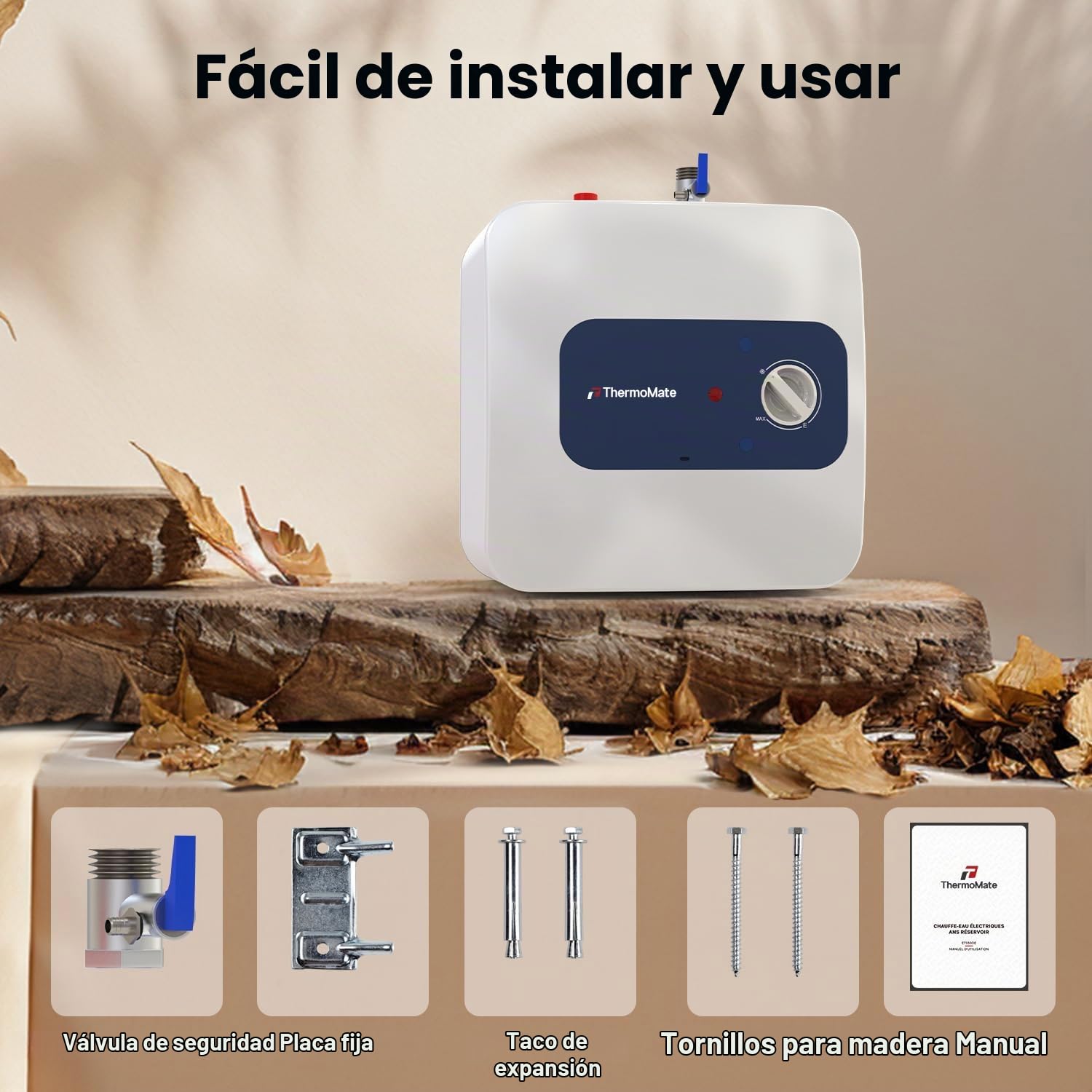 ThermoMate ES10DE Termo eléctrico 10 litros, Calentadores de agua eléctricos bajo fregadero, Diseño compacto, enchufar y usar, 2000W