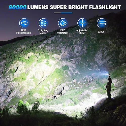 Miniatura 2 de KINGCAESAR Linternas recargables de alto lúmenes, 2 unidades de 90,000 lúmenes, linterna súper brillante, 5 modos de linterna LED, IPX7 impermeable