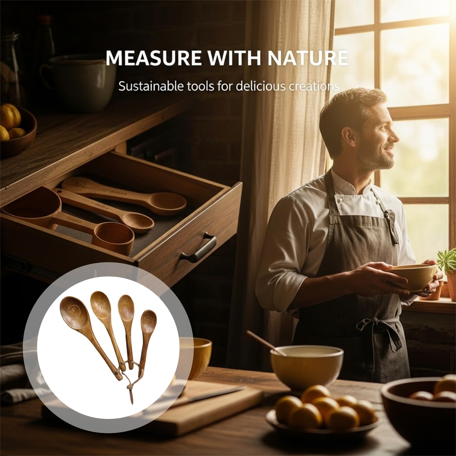 Lot de 8 tasses et cuillères doseuses en bois, tasses en bois d’acacia, cuillères en bois de hêtre, marquages gravés, design emboîtable pour un rangement facile, pour cuisine et pâtisserie