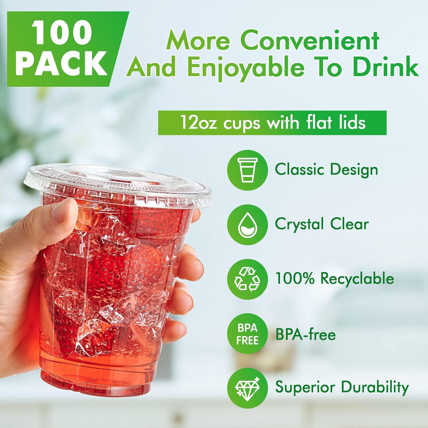 Lilymiy 100 Sets Clear Plastic Cups with Flat Lids, Disposable Drinking