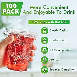 Lilymicky 100 Sets 12 oz Clear Plastic Cups with Flat Lids, 12 oz Disposable Drinking Cups With Lids for Ice Coffee, Smoothie, Slurpee, or Any Cold Drinks