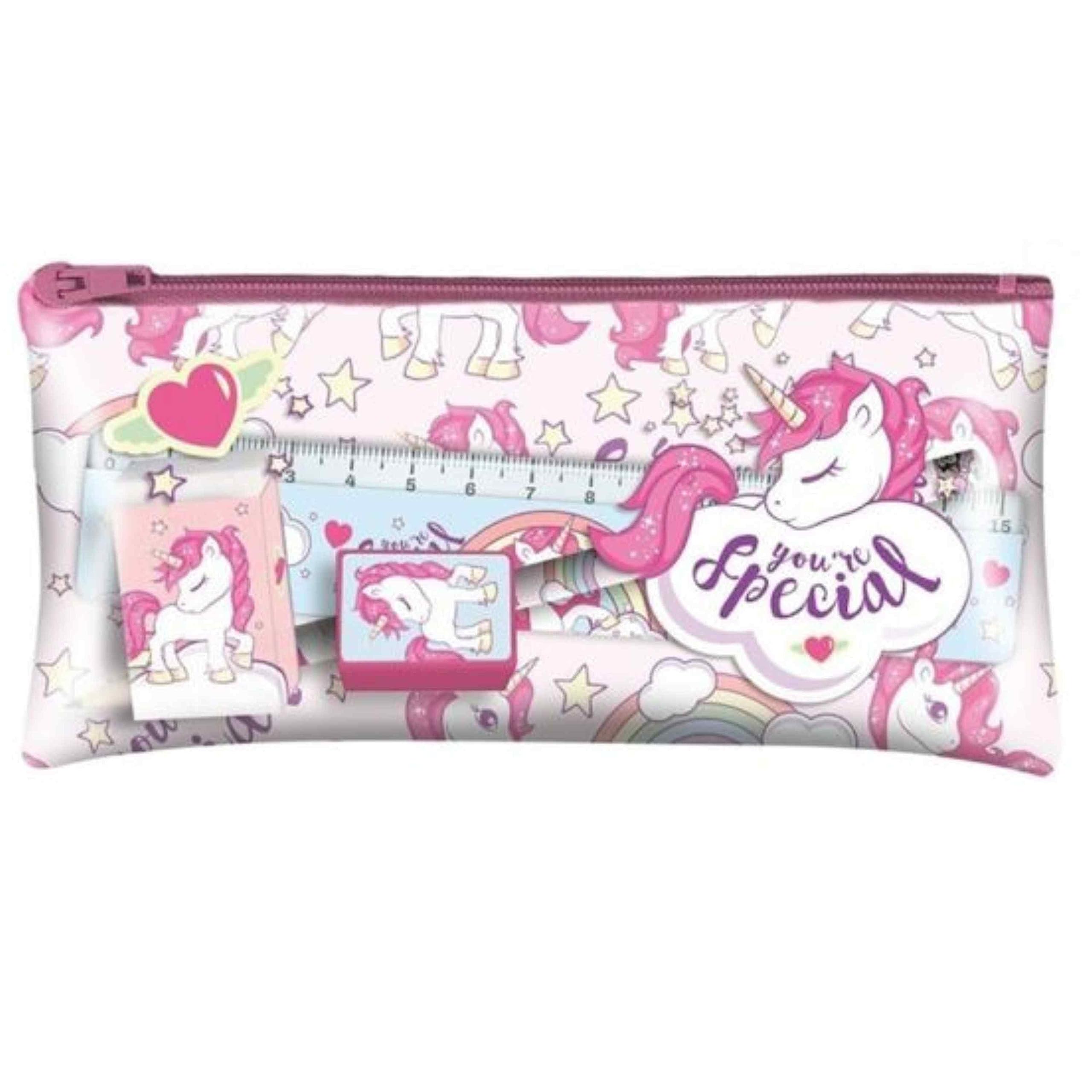 SRV Hub 5pcs Unicorn Pencil Case Back to School Stationery Set of Pencil Eraser Sharpener Ruler, Basic School Stationery Essentials for Beginners Unisex Kids Girls Boys 3+Year