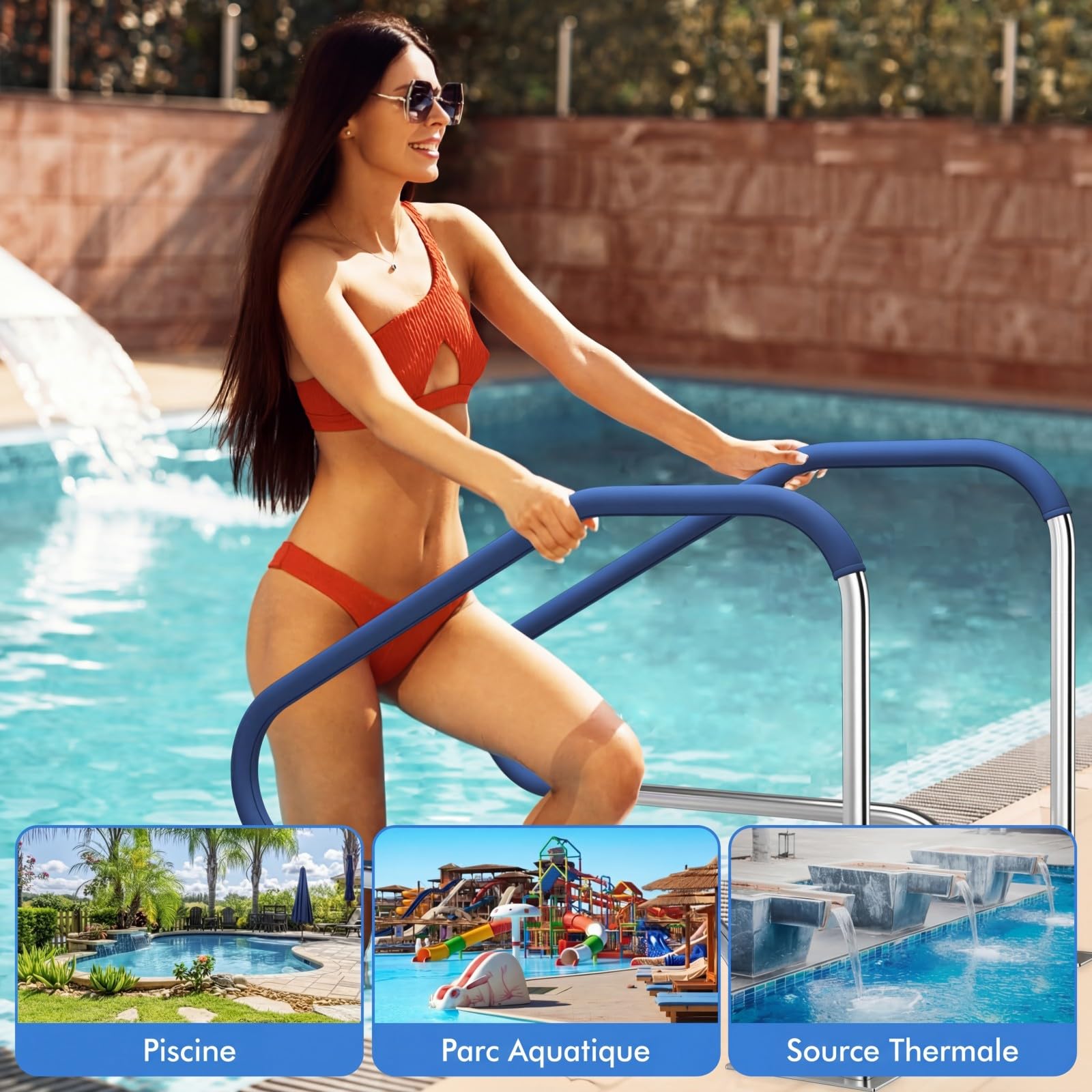 SOARS Rampe Piscine 119 X 79 CM, Main Courante Piscine en Acier Inoxydable, Charge 250 KG, avec Plaque de Base, Housse Antidérapante, Accessoires Incluses, Intérieur Extérieur pour Spa, Bain