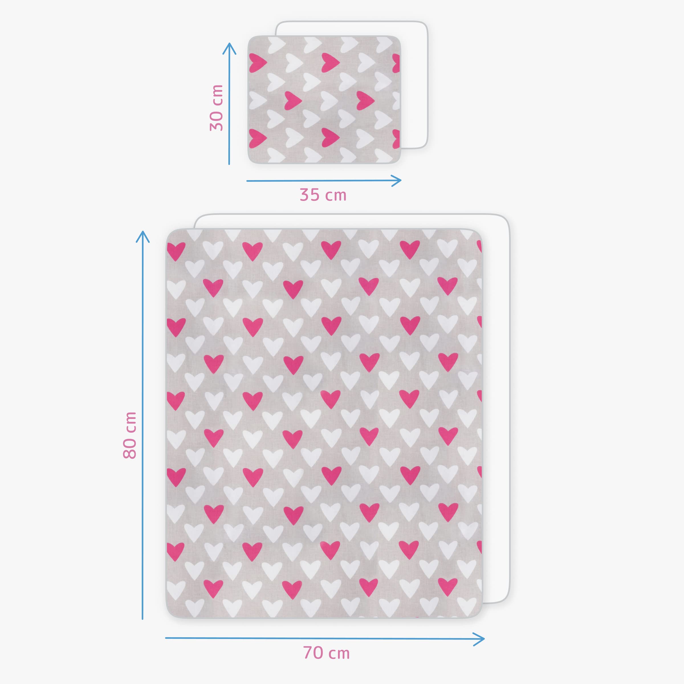 Baby Comfort Set di biancheria da letto per letto o culla da viaggio, Lenzuolino Lettino, 4 pezzi, per letto o culla (cuori rosa) (12 mesi+)