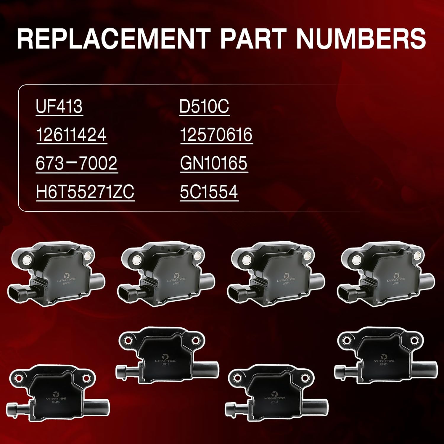 MANATEE 12611424 Ignition Coil Pack 8 PCS fit for Chevy GMC Cadillac Pontiac Silverado Tahoe Suburban Avalanche Yukon Escalade Trailblazer Grand Prix H3 V8 4.8L 5.3L, 6.0L 6.2L (UF413+Spark+Wires)