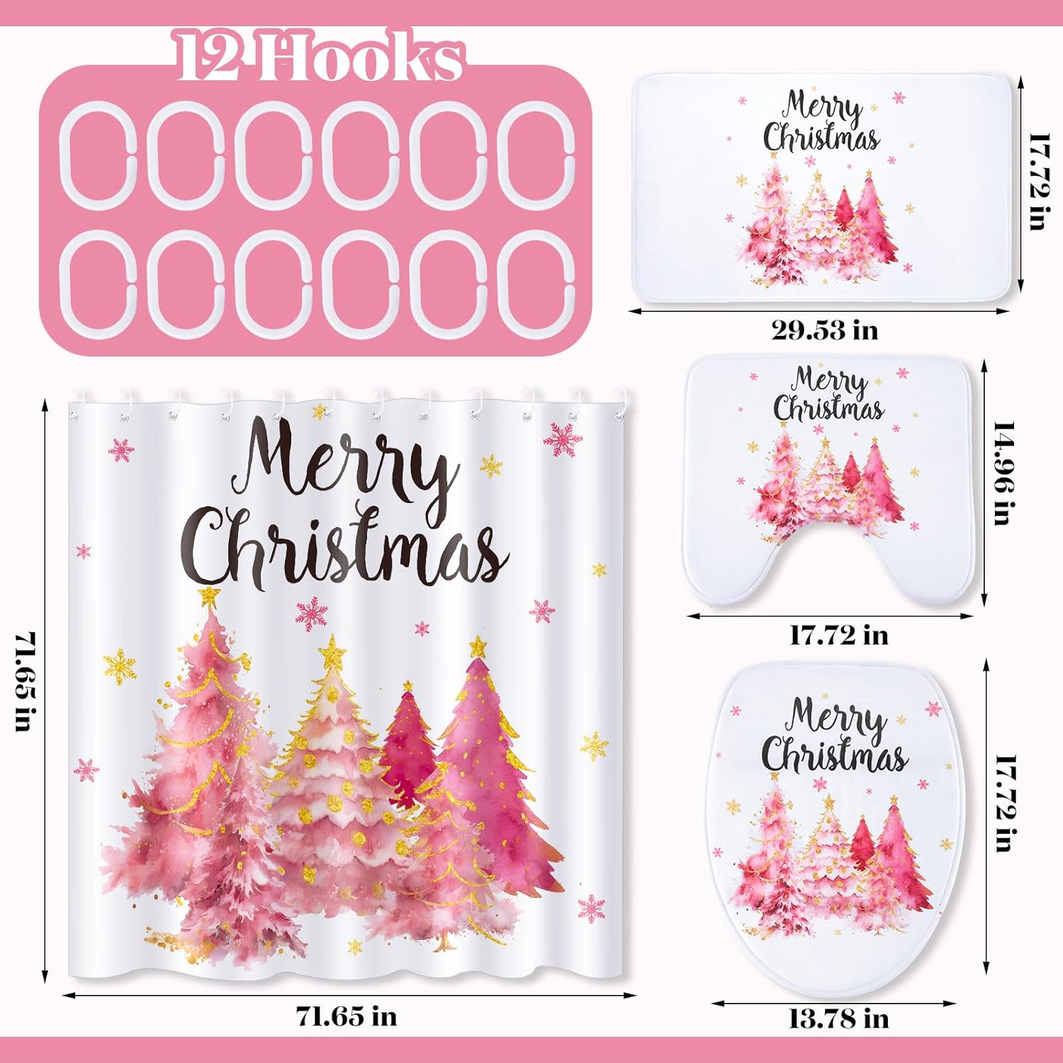 Newwiee 7 Pcs Merry Christmas Shower Curtain Set Christmas Tree Snowflake Holiday Decor Xmas Tree Bathroom Shower Curtain Mats Towels Toilet Mat Waterproof Bath Accessories, 72x72 Inch