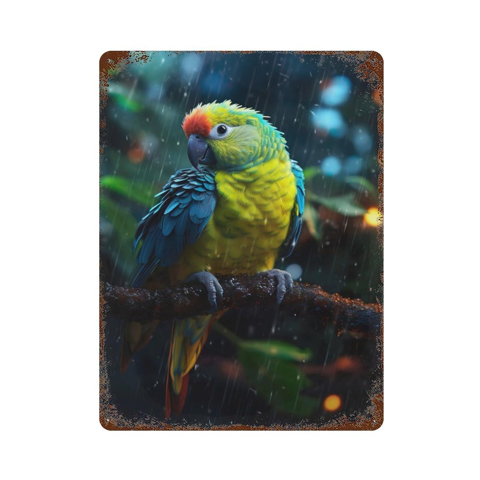 Epic Rainy Parakeet Vintage Wall Sign 15.7"x11.8", Rust Effect Metal Decor for Cafe, Home Bar And Lounge Decor