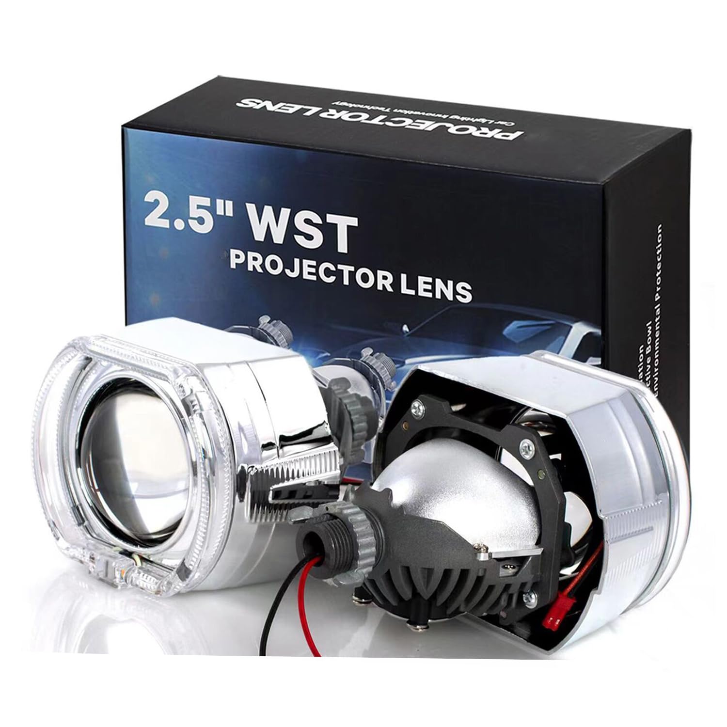 YUFANYA 2.5 Inch Mini Projector Lens with Hi/Lo Beam Function,70W 20,000LM 6000K White,Sliver Shrouds DRL Angel Eyes Decoration White Yellow Signal Turning Light Retrofit H1 H4 H7