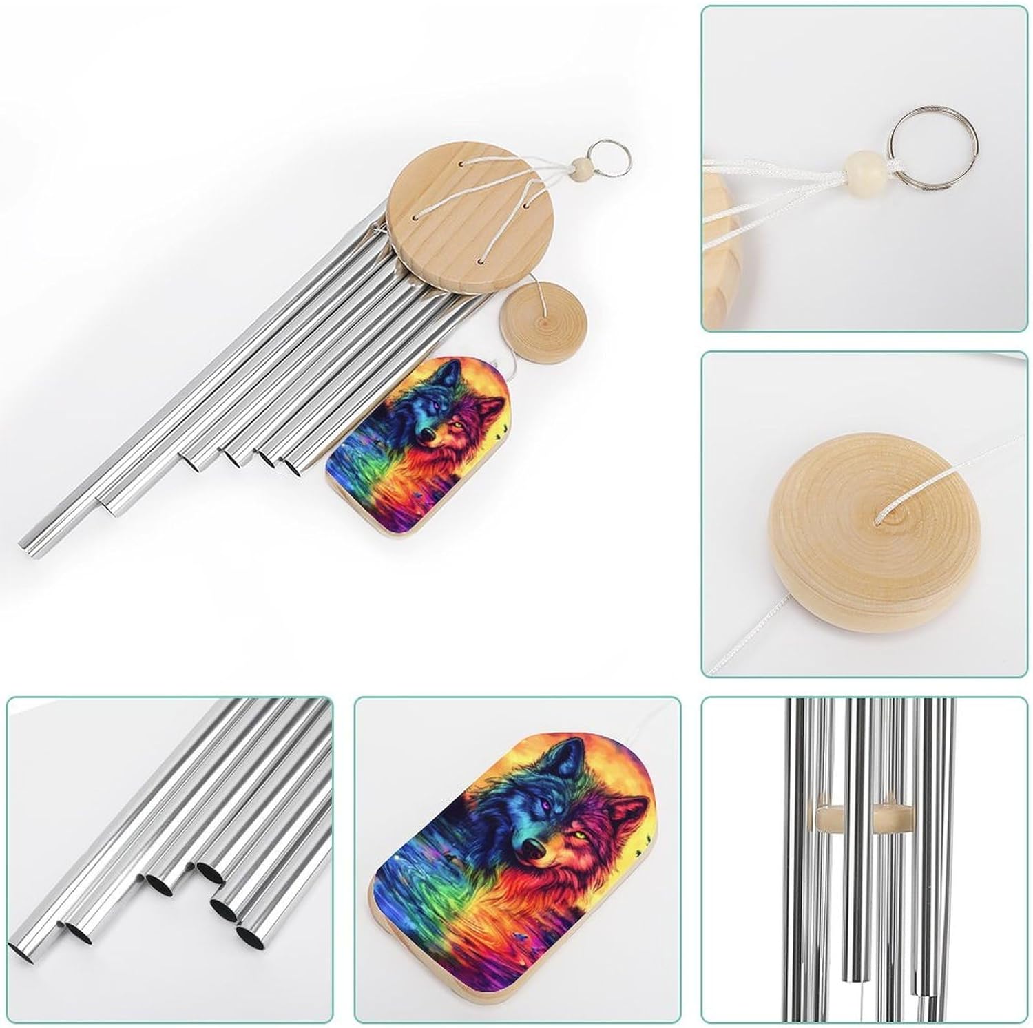 Colorful Wolf Wooden Wind Chimes Deep Tone Memorial Windchime for Outside Garden Home Decoration