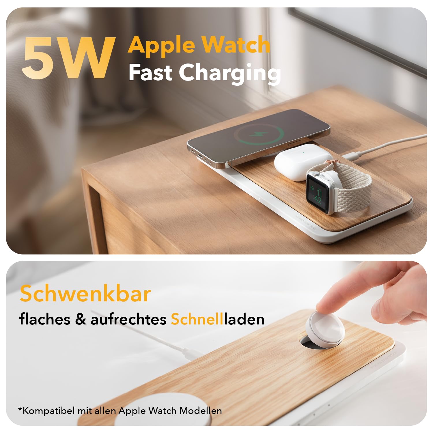 Woodcessories Multibase Pro - Estación de carga 3 en 1 de madera, cargador Magsafe, cargador inalámbrico compatible con iPhone, Apple Watch, Air Pods + adaptador de potencia de 45 W, roble