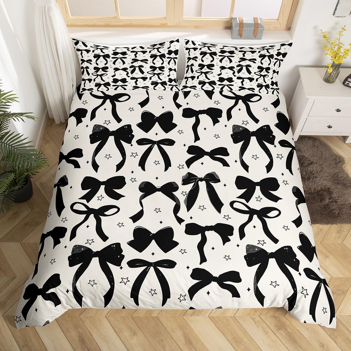 Feelyou Black Bowknot Decoration Comforter Cover Twin Size for Girls Adults Chic Black Bow Kids Bedding Set Kawaii Cartoon Style Duvet Cover with 1 Pillowcase