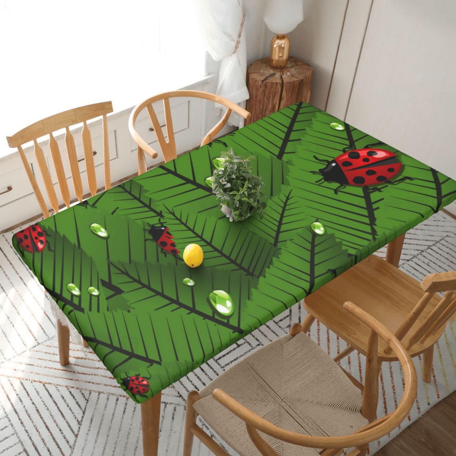BNVSADC Leaves and Ladybugs Printed 5FT Tablecloth Polyester Kitchen Water Resistant Table Cloth Dining Table Decoration Table Covers, 152x76 CM