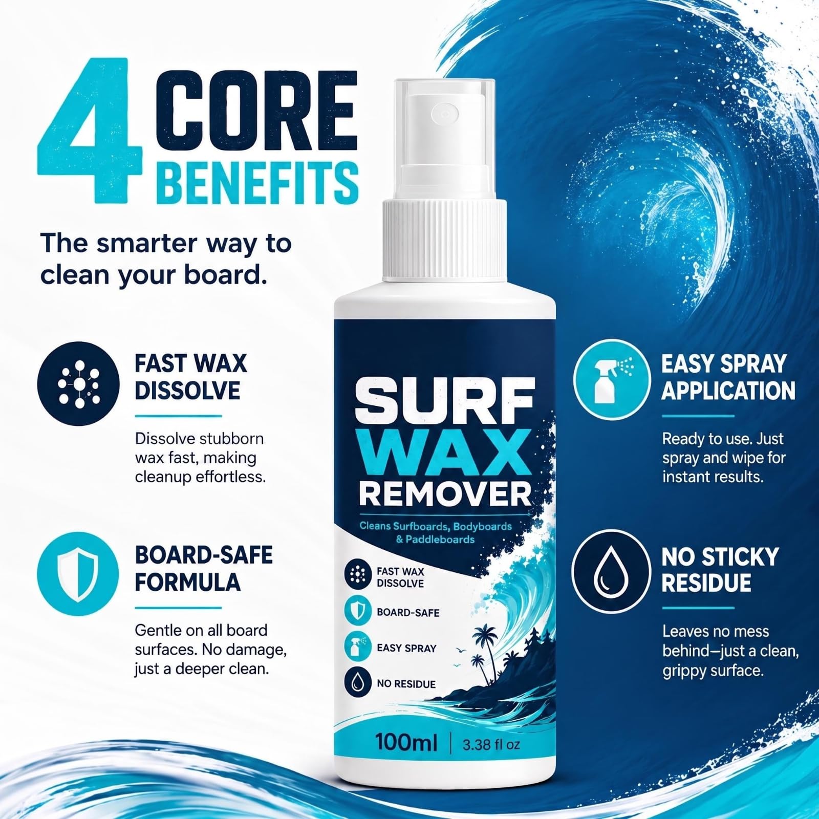 Surfbrett-Wachsentferner-Spray, schnell wirkende Reinigungsformel, schonend für Gelcoat, entfernt Rückstände und Schmutz, stellt die Oberfläche von Surfbrettern, Paddleboards und Bodyboards (6pcs)