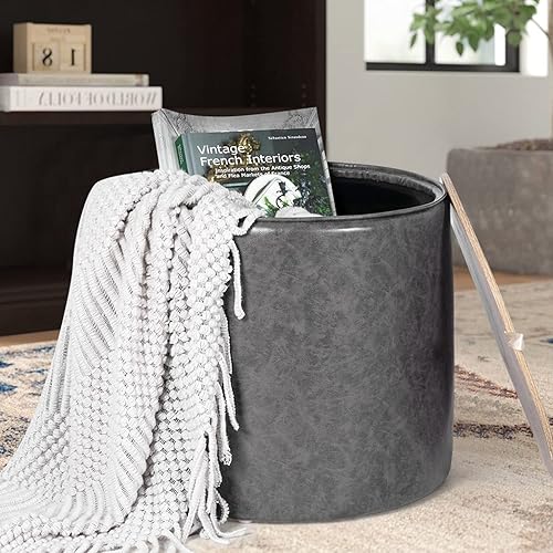 Miniatura 4 de Adeco Otomana redonda de almacenamiento, reposapiés de almacenamiento de piel sintética con tapa extraíble, mesa auxiliar lateral para sala de estar