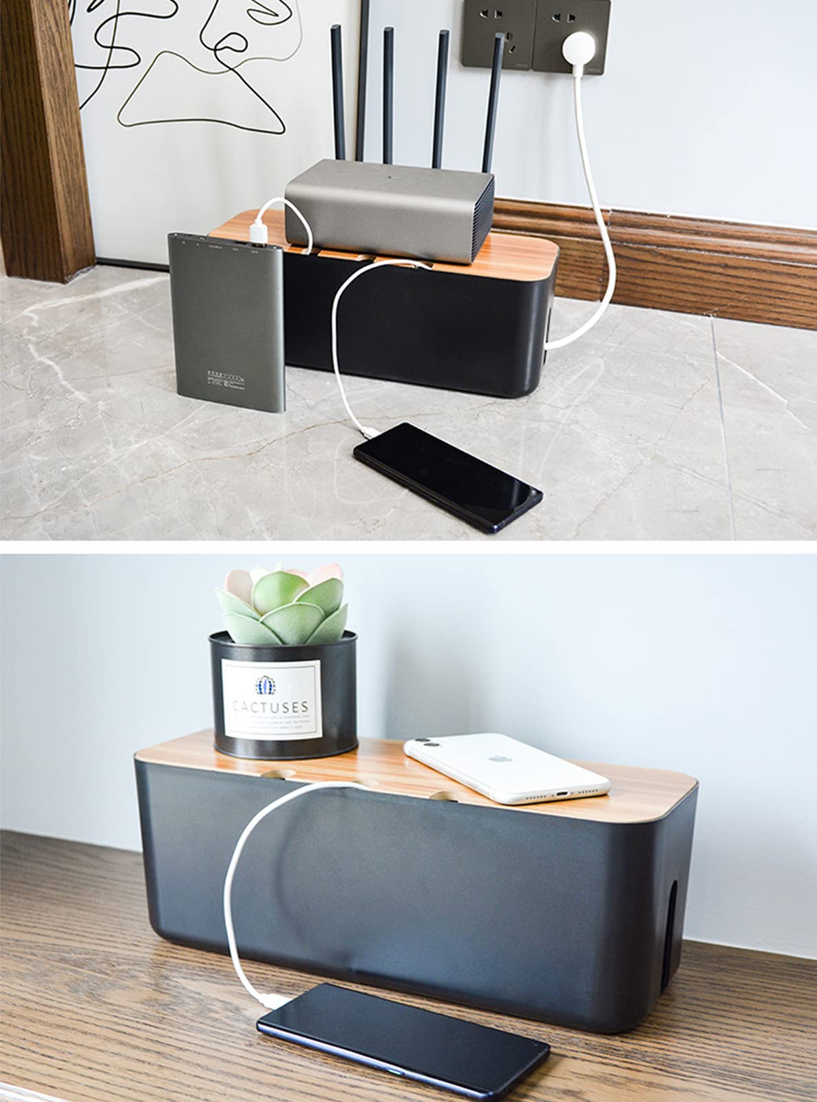 SENENQU 2 Pezzi Scatola Porta Cavi Nera, Nascondi Cavi per Ciabatte e Prese, Organizer Elegante con Coperchio Effetto Legno, Aperture Laterali, Adesivi 3M, per Scrivania Casa Ufficio