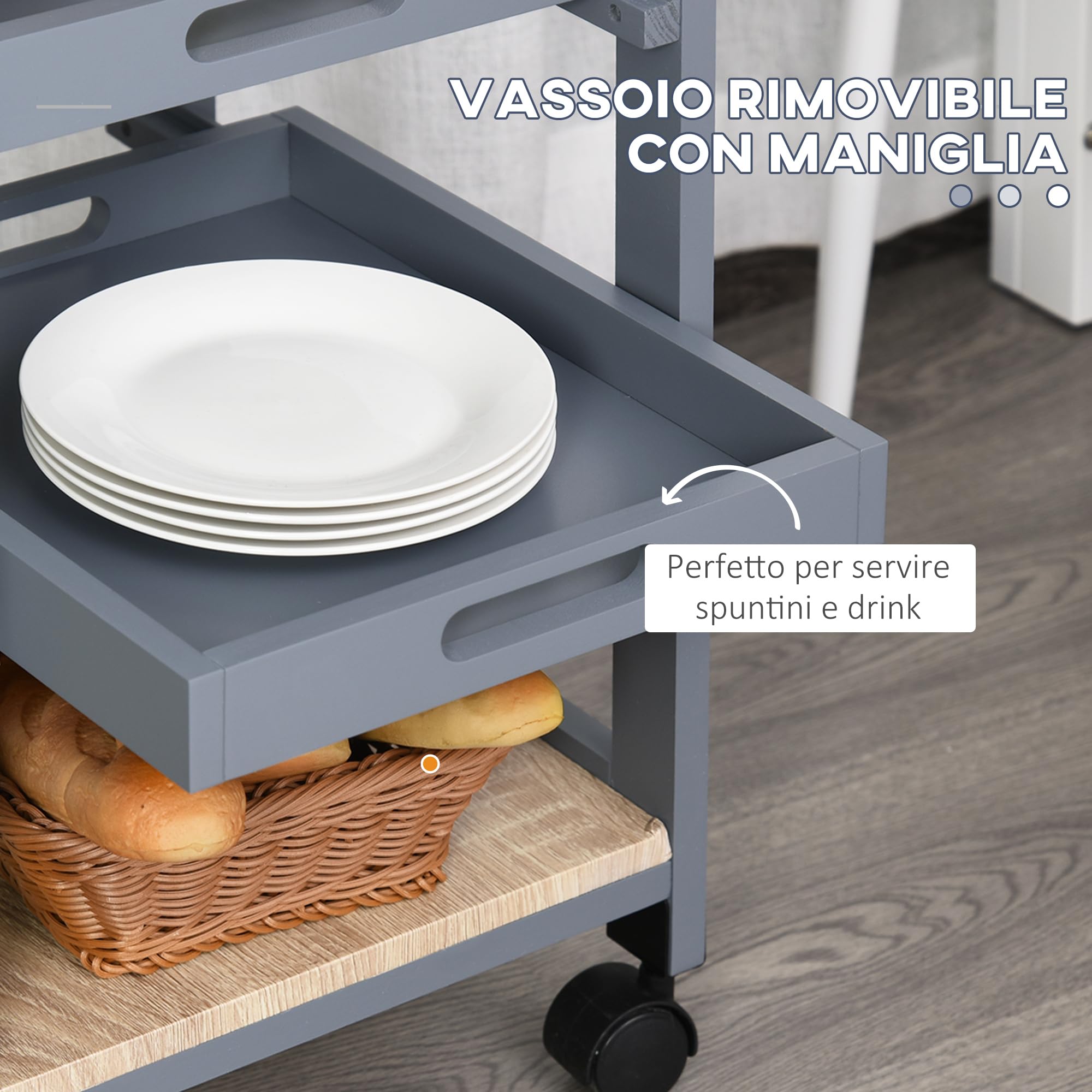 HOMCOM Carrello da Cucina con Cassetto, 2 Vassoi Estraibili e Ripiano Fisso, Carrello Portaoggetti in Legno di Pino e MDF, 37x37x76 cm, Grigio e Rovere