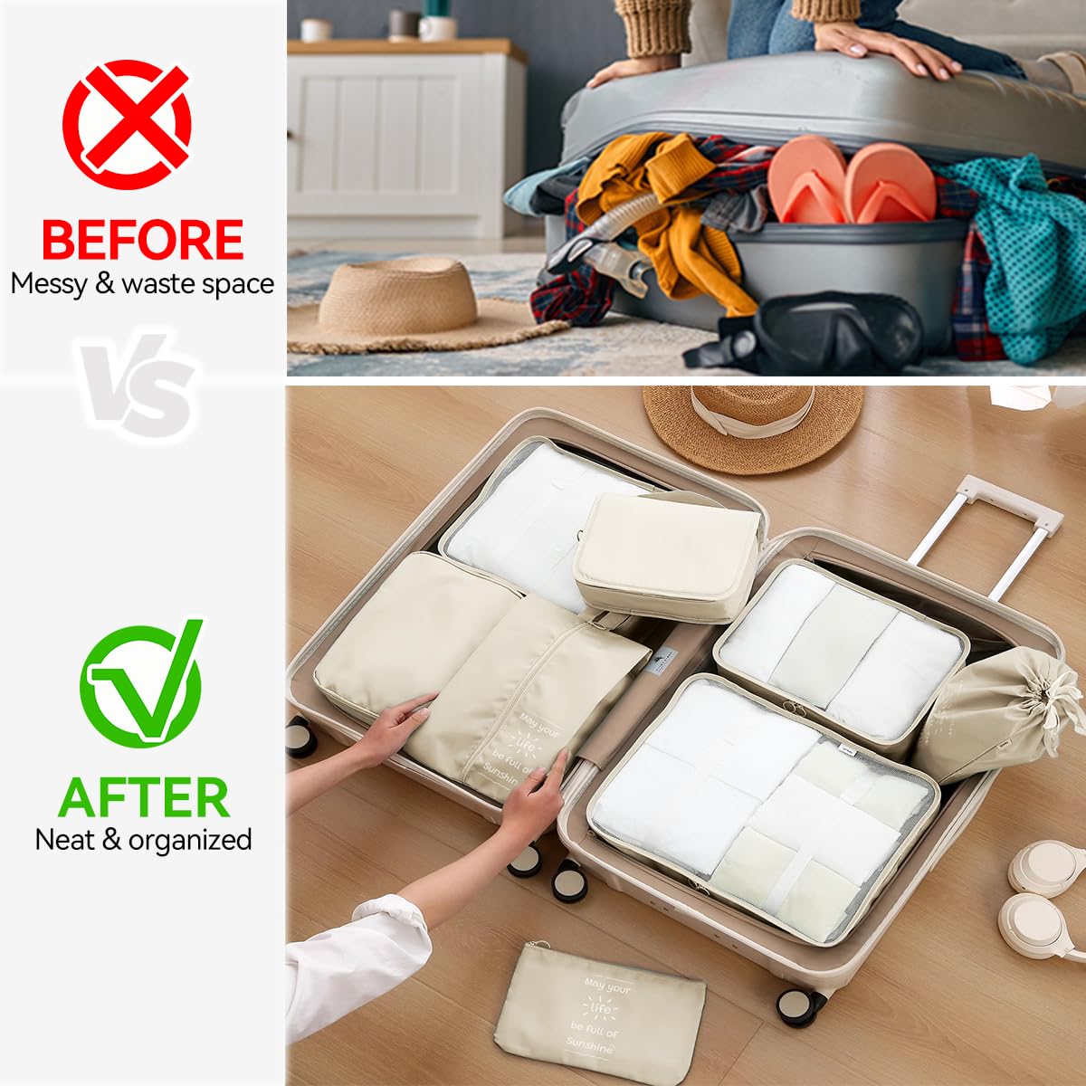 Shadcoler Organizer Valigia, 8 Pezzi Organizer Valigia Salvaspazio, Organizer Viaggio, Packing Cubes per Cosmetici, Abbigliamento Intimo, Vestiti, Borse, Scarpe, Viaggio Accessori Utili (Beige)