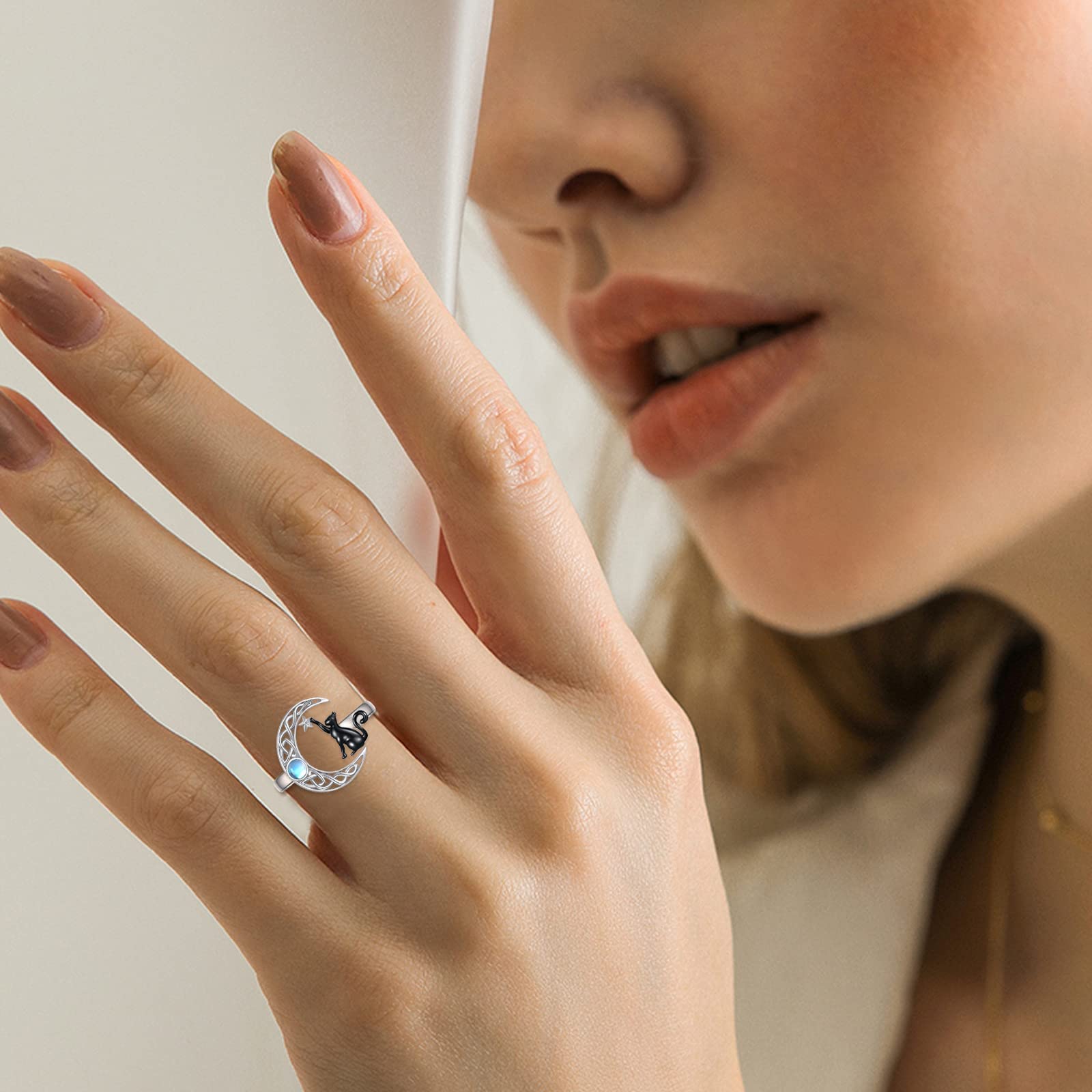 POPLYKE Bague ouverte en argent sterling 925 - Motif lune celtique - Chat noir - Pour femme et fille - Cadeau d'anniversaire chat, Argent sterling