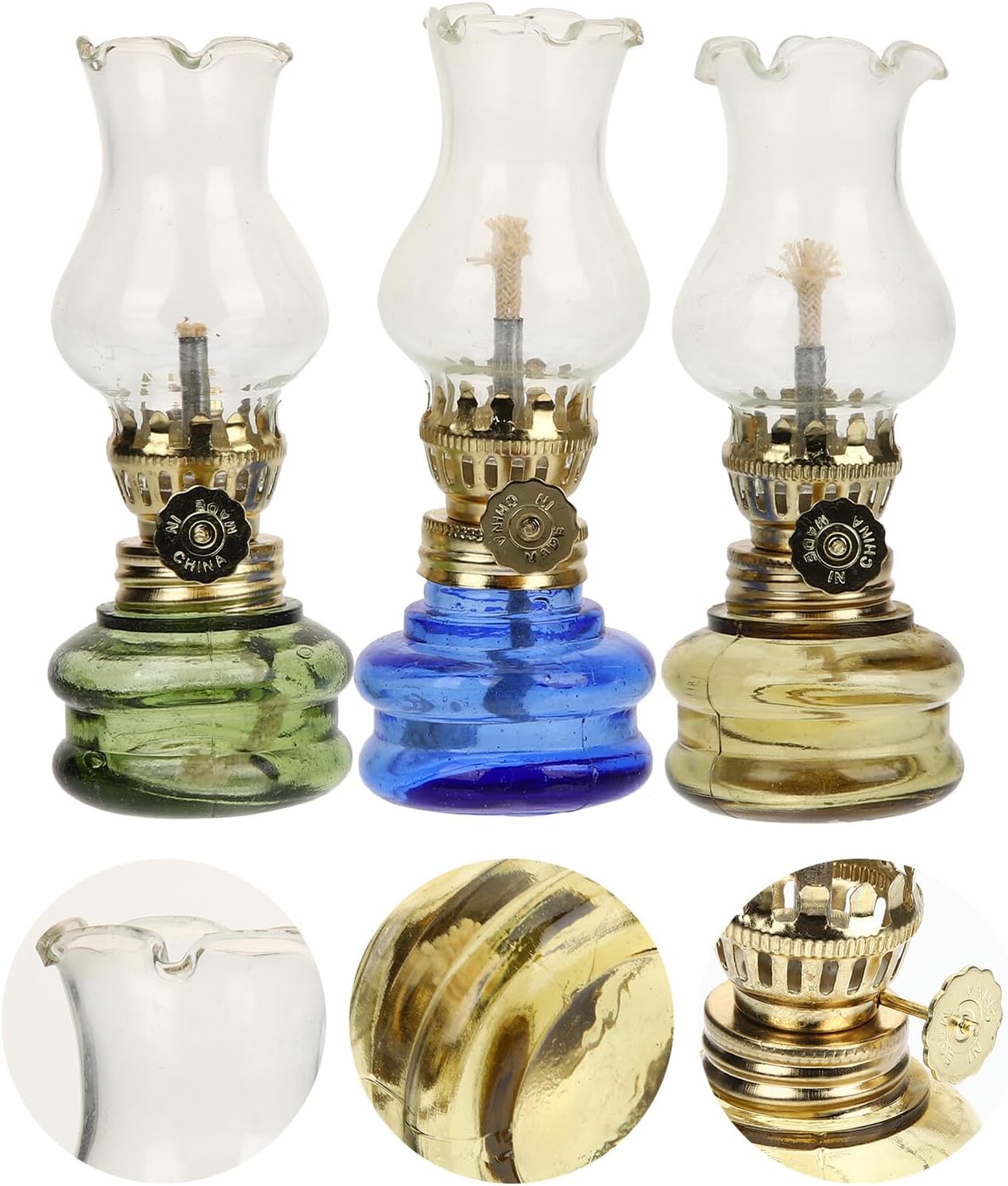 GARVALON Vintage Glass Oil Lamp Set of 3, Rustic Indoor Kerosene Lanterns with Hurricane Design, Small Decorative Table Lamps for Home Décor and Ambient Lighting