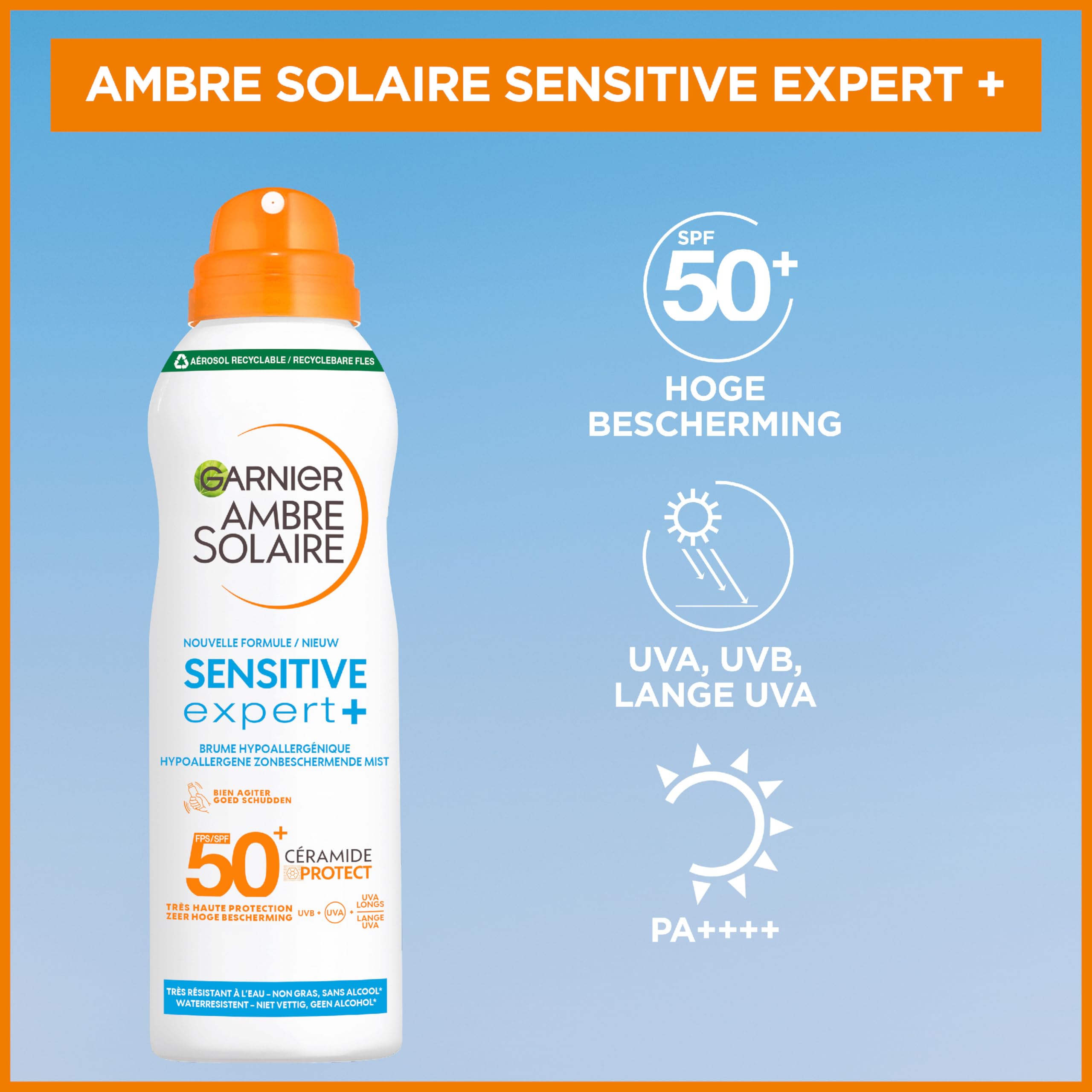 GARNIER Ambre Solaire Sensitive Expert+ - sucha mgiełka - ochrona przed słońcem SPF 50+ - chroni przed długim promieniowaniem UVA, UVB i UVA, wodoodporna, ceramidy, skóra wrażliwa i nietolerująca