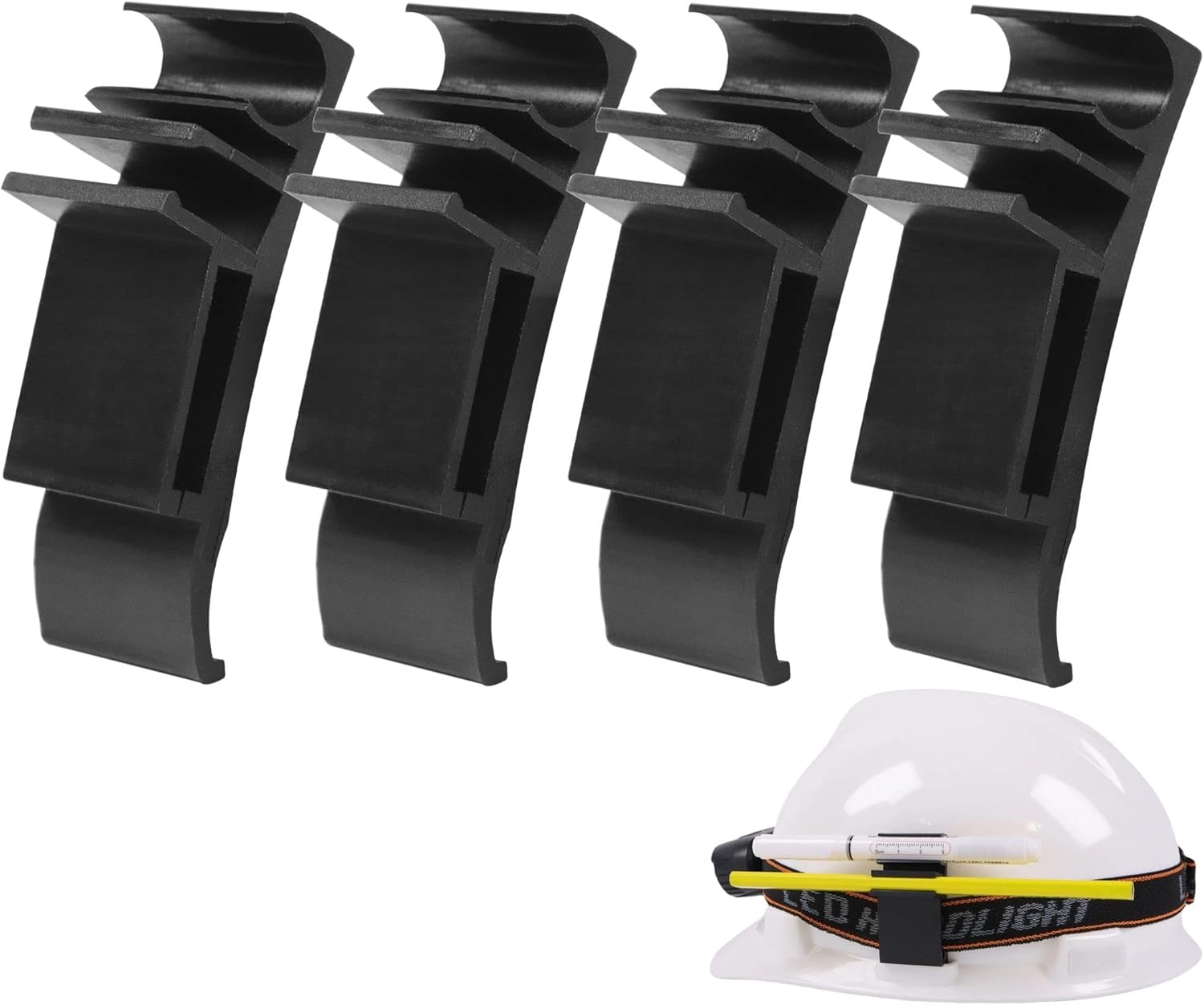 4 Pack Hard Hat Pencil Holder Clip | 3-in-1 Attachment for Carpenter Pencils, Markers & Headlamp Bands | Black Reinforced Nylon Accessory Fits Both Sides of Hard Hats for Woodworkers