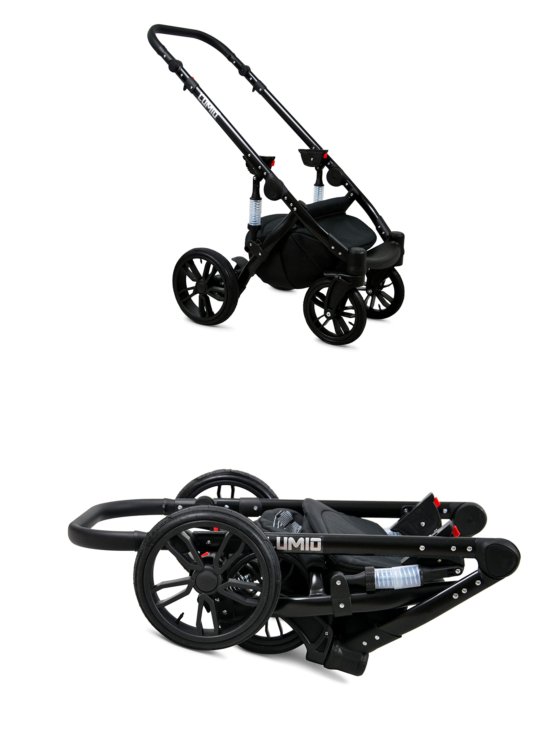 BabyLux Lumio 3 w 1 System Podróżny dla Dziecka | Wóżek + Spacerówka + Fotel Samochodowy z Akcesoriami, Folia Przeciwdeszczowa, Skrętne Koła Żelowe | Lniana Czarna Rama