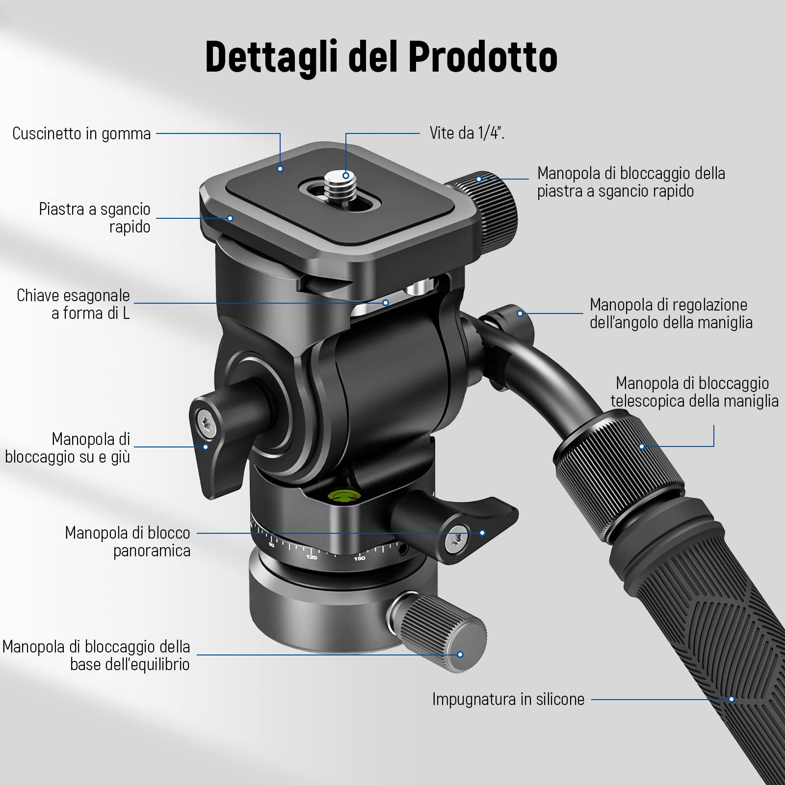 NEEWER Testa Fluida per Treppiede con Base di Livellamento +/-10°, Testa Video Pan Inclinabile con Piastra QR Arca, Maniglia Telescopica, Panno Pulizia per Videocamera Fotocamera DSLR, Max 4kg, GM27