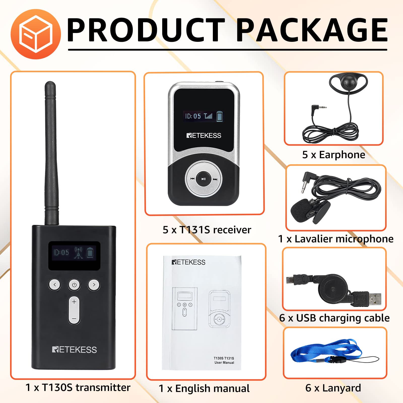 Retekess T130S (T130 2rd) Sistema di Audio guida, Sistema di Guida Wireless, Operazione con un Clic, 100m, Cuffia D, Tasto Muto, per Turismo, Fabbrica (1 Trasmettitore 5 Ricevitori)