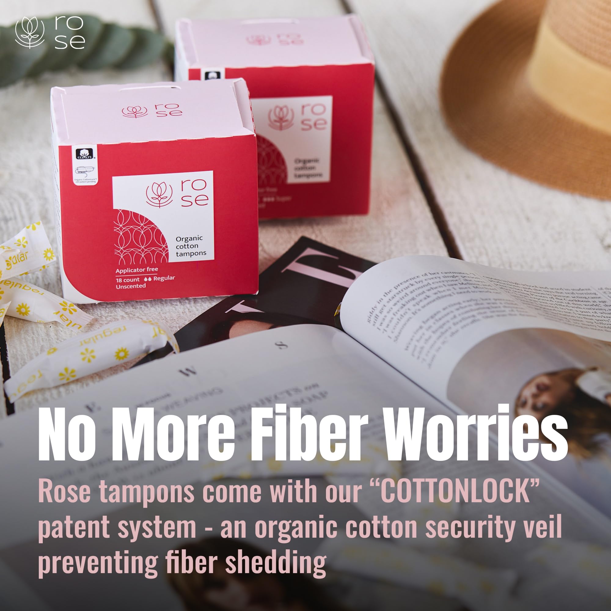 Rose Organic Tampons - Regular, Non Applicator, 100% Organic Cotton core and Security Veil, Unscented - 18 Count (Pack of 2)