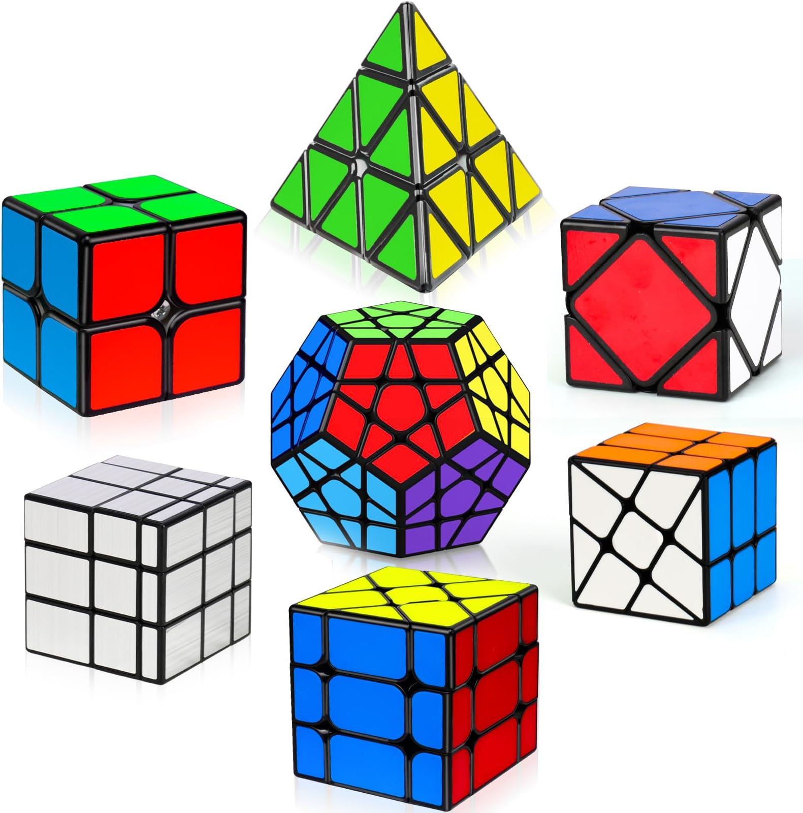 7 Pack Magic Speed Cube Set - 2x2, 3x3, 4x4 Cube, Pyramid Triangle Megaminx Speed Cubes for Kids & Adults