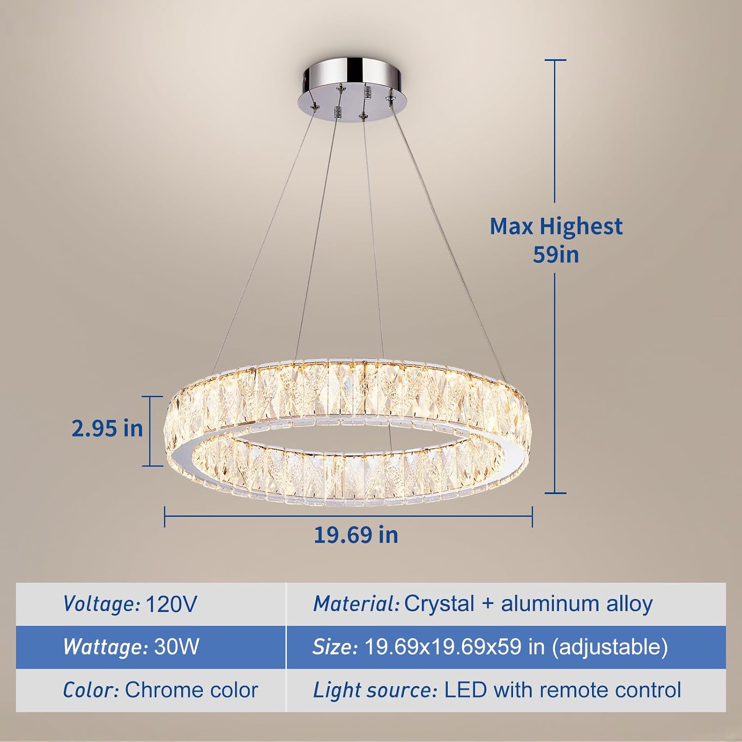 Depuley Modern LED Crystal Chandeliers: 19.7" Ring Chandelier Hanging Crystal Ceiling Light Fixture - 30W Adjustable Height Pendant Light for Living Room Dining Room Bedroom Foyer