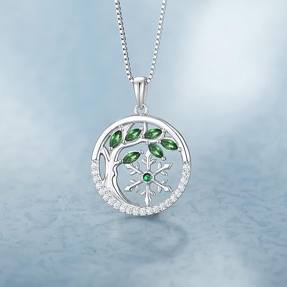 YL Collana Albero Della Vita E Fiocco Di Neve In Argento 925, Con Pietra Portafortuna Zirconia, Catena 45+3 Cm - 4