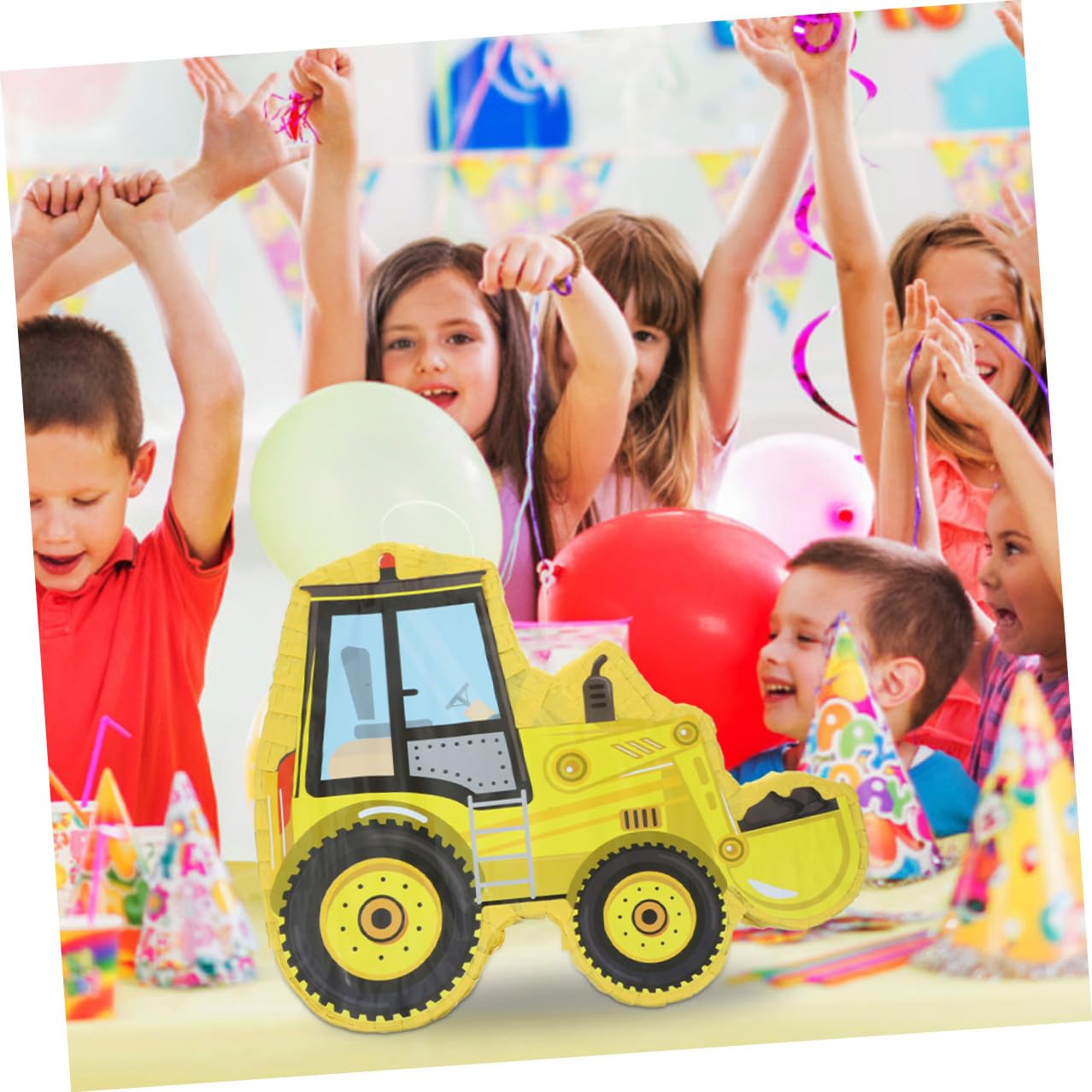 VANZACK Bagger Piñata Partyspiel Satz mit Papier Piñata in Gelb für Kindergeburtstag und Fest Befüllbar mit Süßigkeiten