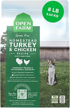 Open Farm, Grain Free Dry Cat Food, High-Protein Kibble for a Complete & Balanced Diet, Non-GMO Fruits & Vegetables, Prebiotic Fibers to Support Digestion, Homestead Turkey & Chicken Recipe, 8lb Bag