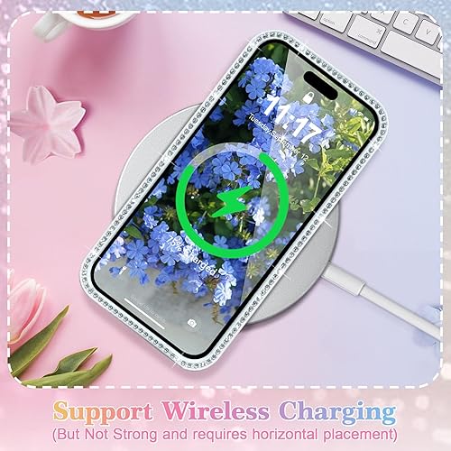 Miniatura 9 de EYZUTAK Funda de flores para iPhone 15 Pro Max, funda de teléfono con diamantes de imitación brillantes con borde de diamante brillante brillante,