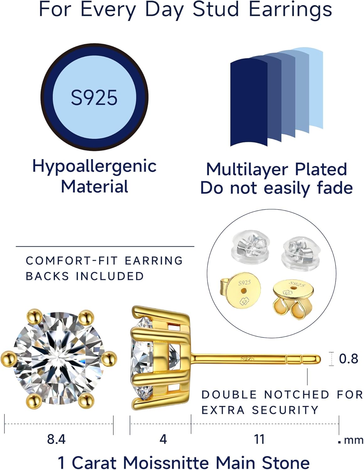 MomentWish 14K Gold Plated Stud Earrings, Birthday Gifts for Women, 1-2 Carat Moissanite Earrings, Lab Created Diamond Earring, Yellow/Rose Gold Plated 925 Sterling Silver Earring Jewelry Women Men - Image 5