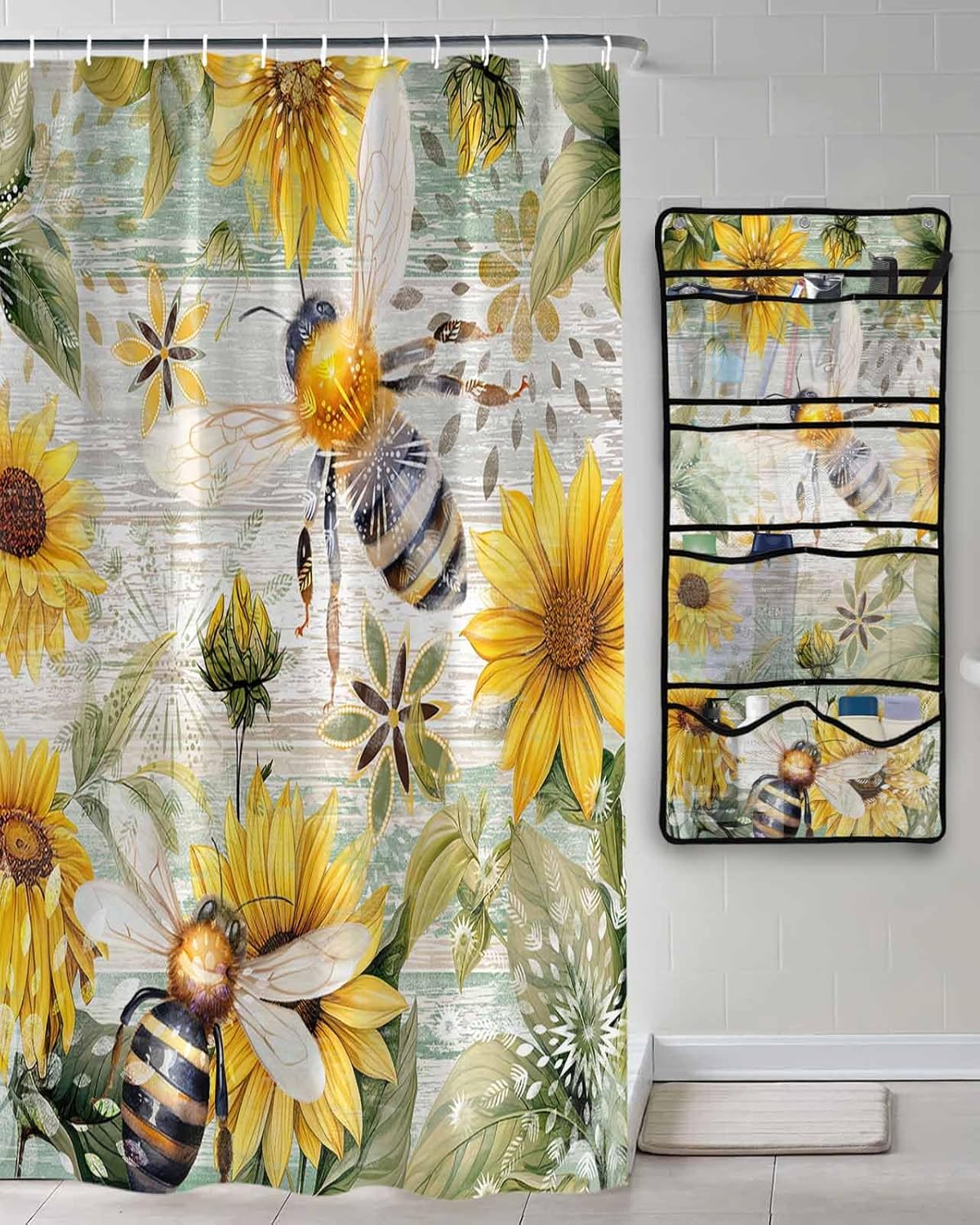 Decorative Shower Curtain Sets Bee Floral Polyester Fabric Waterproof Shower Curtains Farmhouse Sunflowers Wood Grain Lighr Green Mesh