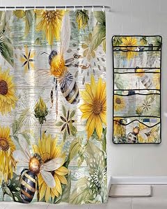 Decorative Shower Curtain Sets Bee Floral Polyester Fabric Waterproof Shower Curtains Farmhouse Sunflowers Wood Grain Lighr Green Mesh